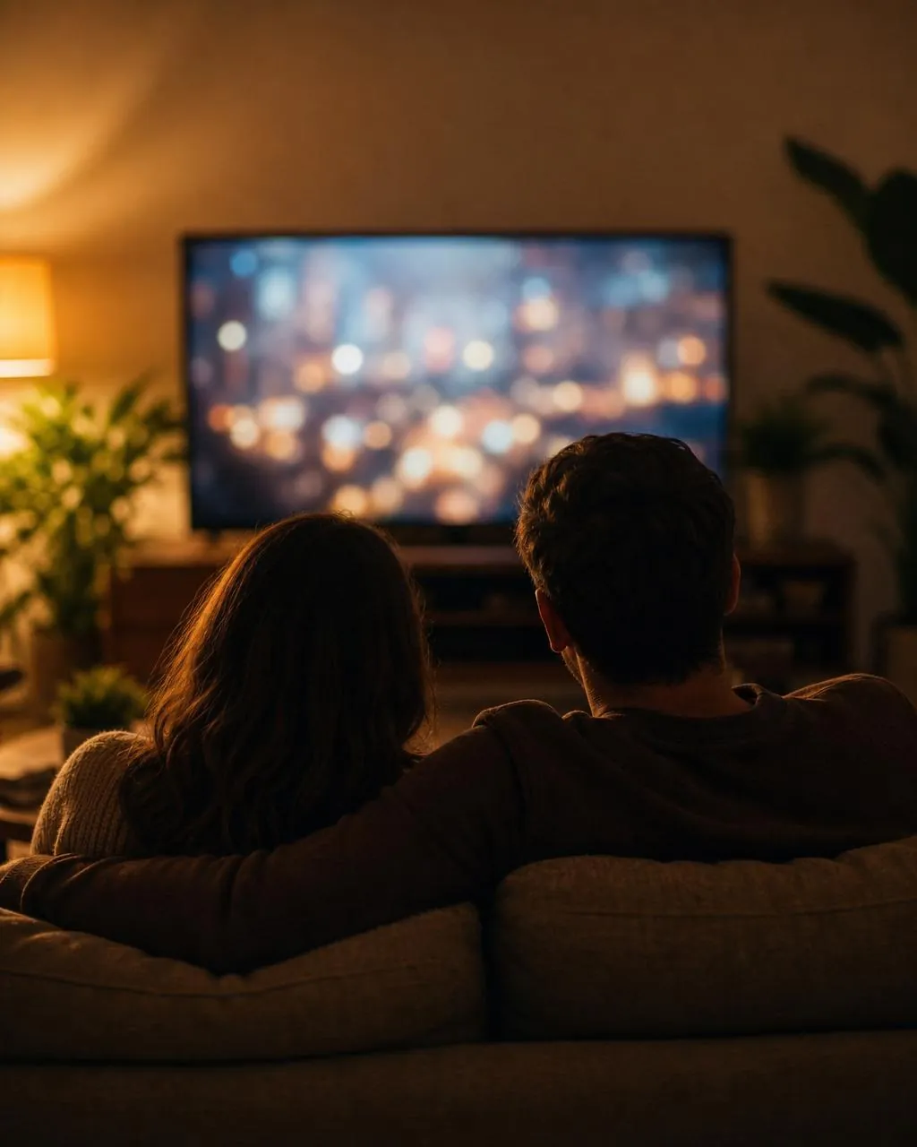 Dos personas viendo streaming juntas por la noche en su sala